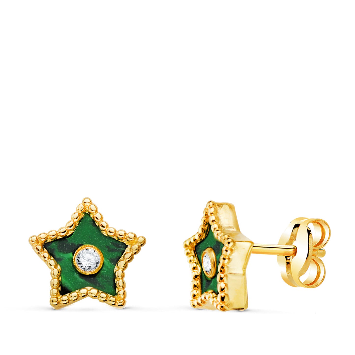 Boucles d'Oreilles Or 18 Carats 750/000 Jaune Étoile - Malachite et Zirconium