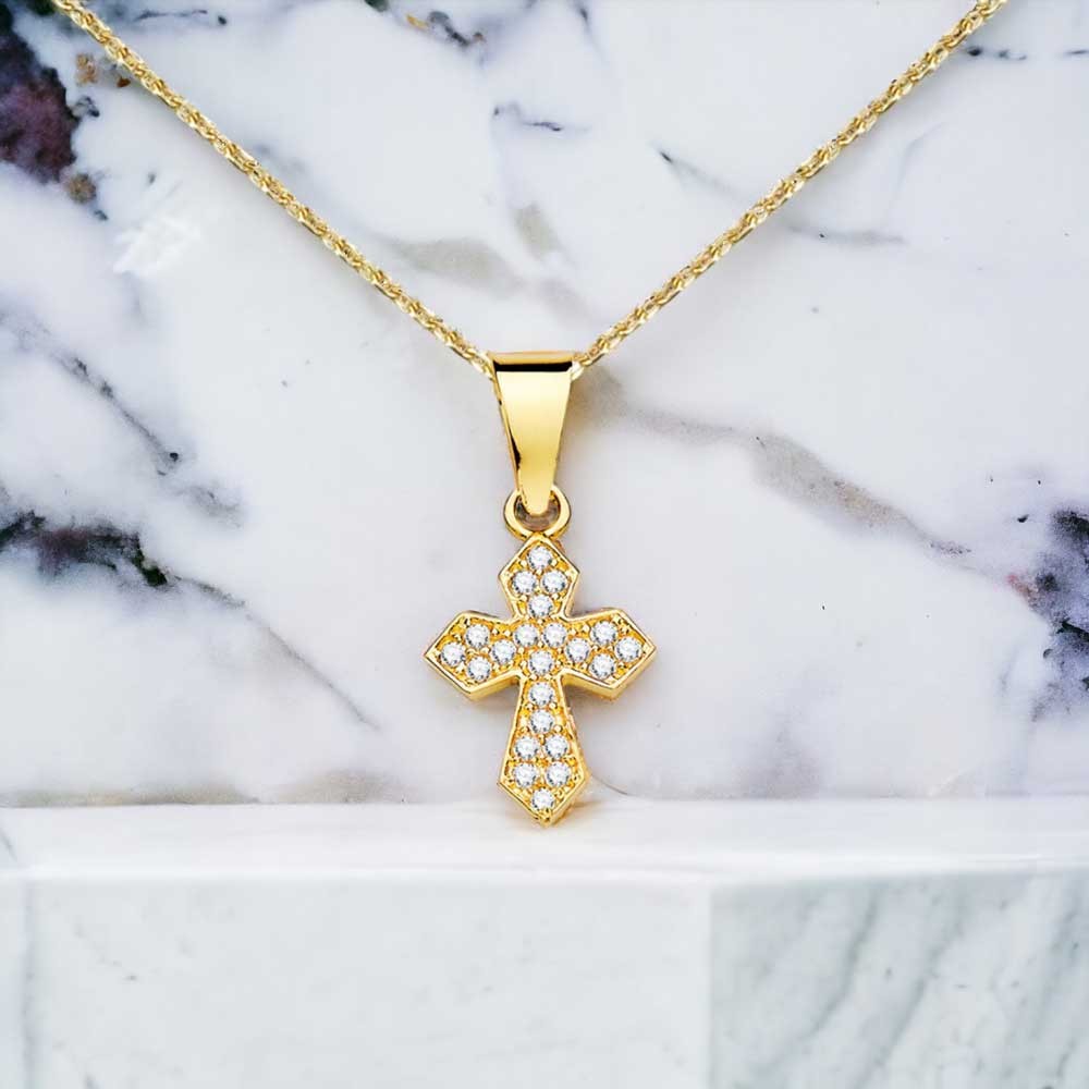 Collier - Médaille Croix Or 18 Carats 750/000 Jaune et Zirconiums - Chaine Dorée