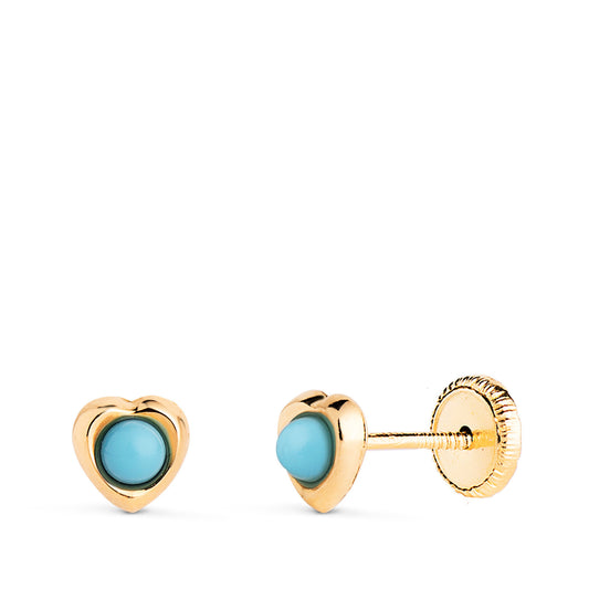 Boucles d'Oreilles Or 18 Carats 750/000 Jaune Cœur - Turquoise