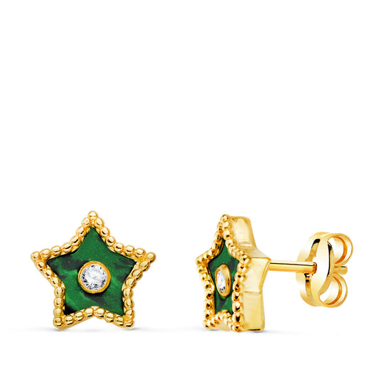 Boucles d'Oreilles Or 18 Carats 750/000 Jaune Étoile - Malachite et Zirconium