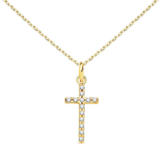 Collier - Médaille Croix Or 18 Carats 750/000 Jaune et Zirconiums - Chaine Dorée