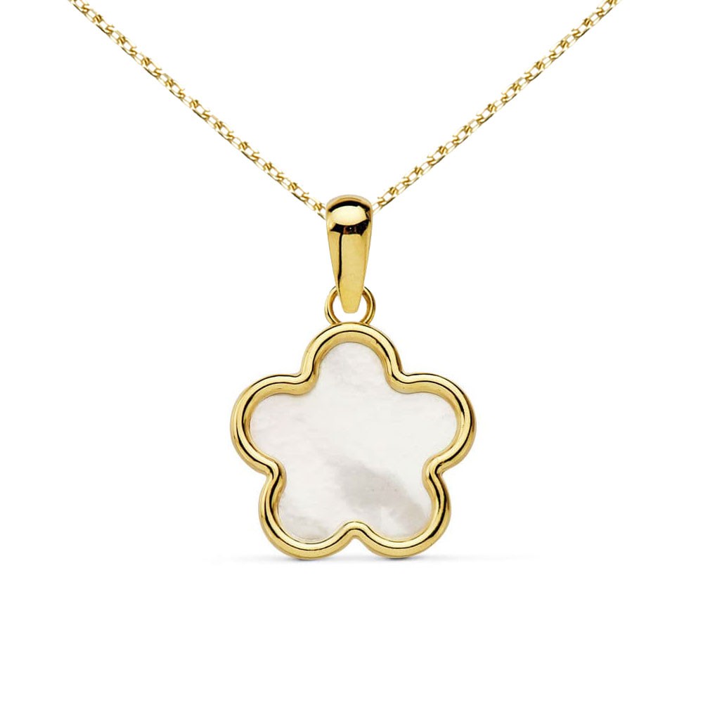 Collier - Pendentif Fleur Or Jaune et Nacre - Chaine Dorée