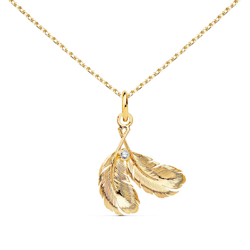 Collier - Pendentif Or 18 Carats 750/000 Jaune  - Plumes - Chaine Dorée