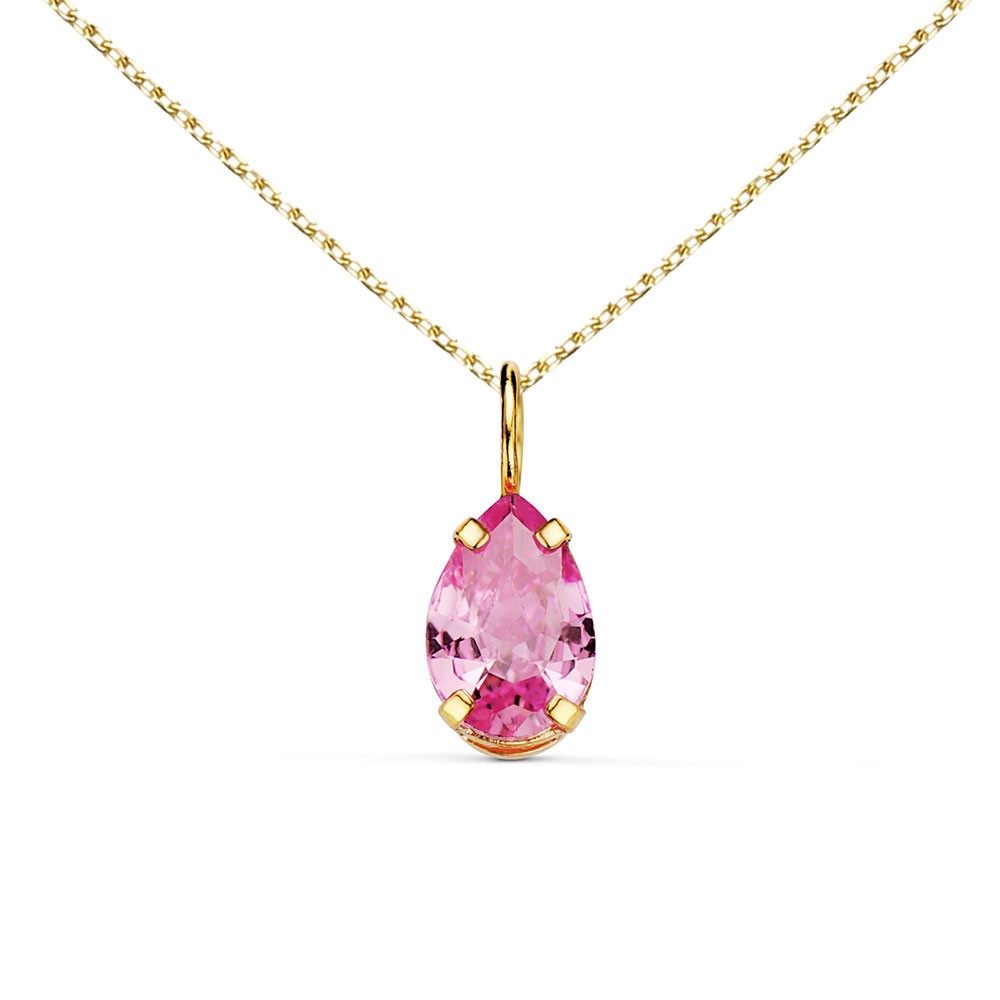 Collier - Pendentif Or Jaune 18 Carats 750/000 - Zirconium Rose - Chaine Dorée