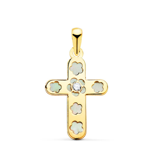 Pendentif - Médaille Croix Or 18 Carats 750 Jaune et Nacre - Chaine Offerte