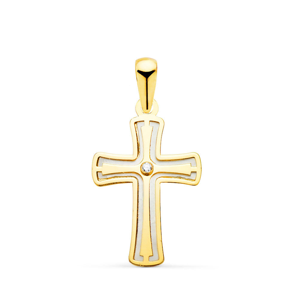 Pendentif - Médaille Croix Or 18 Carats 750 Jaune et Nacre - Chaine Offerte