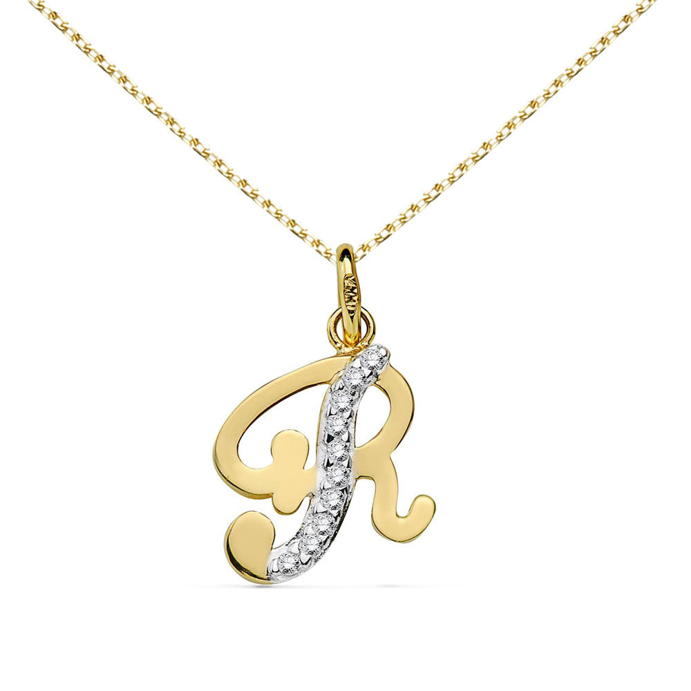 Pendentif Or 18 Carats 750 Serti de Zirconiums - Initiale Lettre "R" - Chaine Offerte