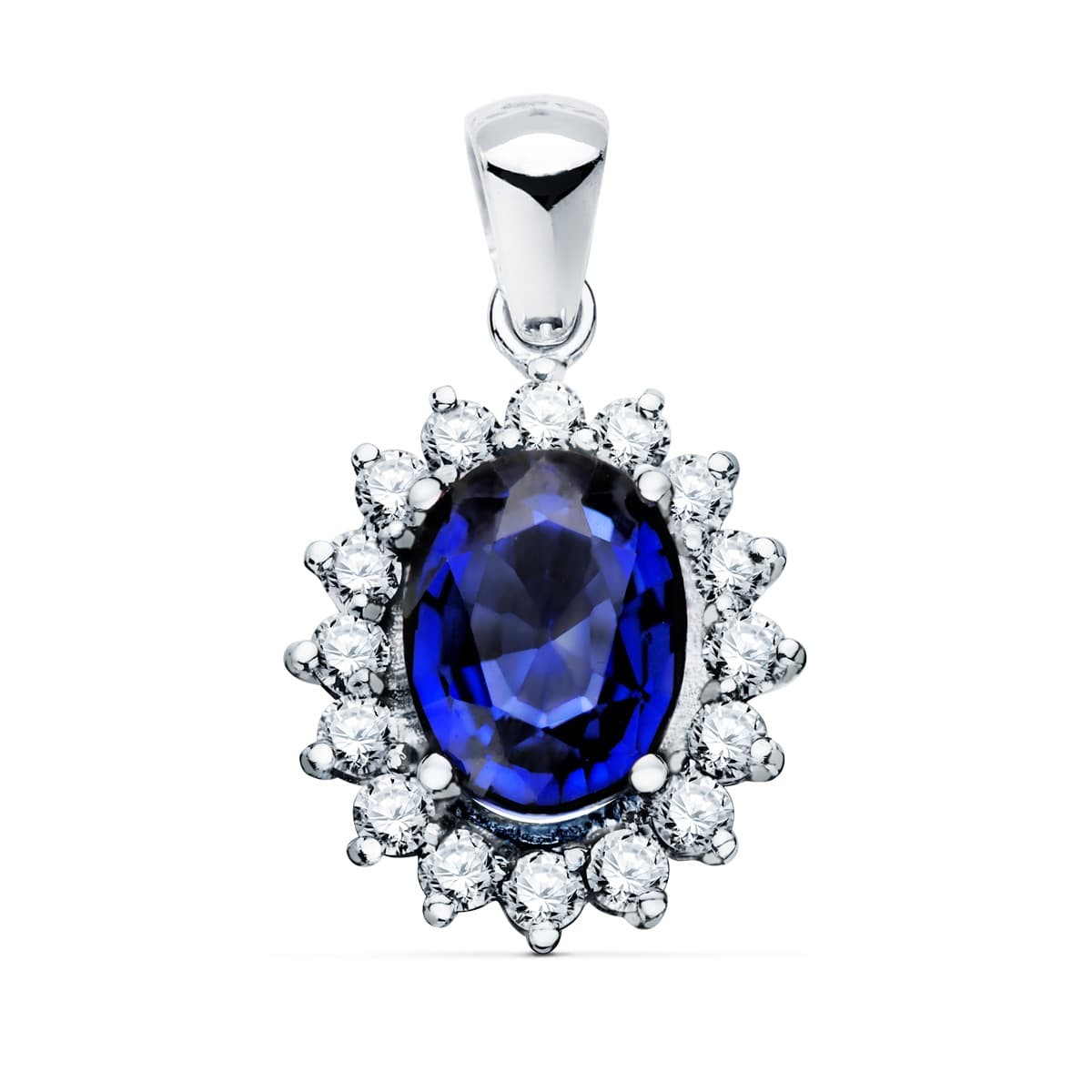 Pendentif Or 18 Carats 750/000 Blanc Saphir Bleu et Diamants